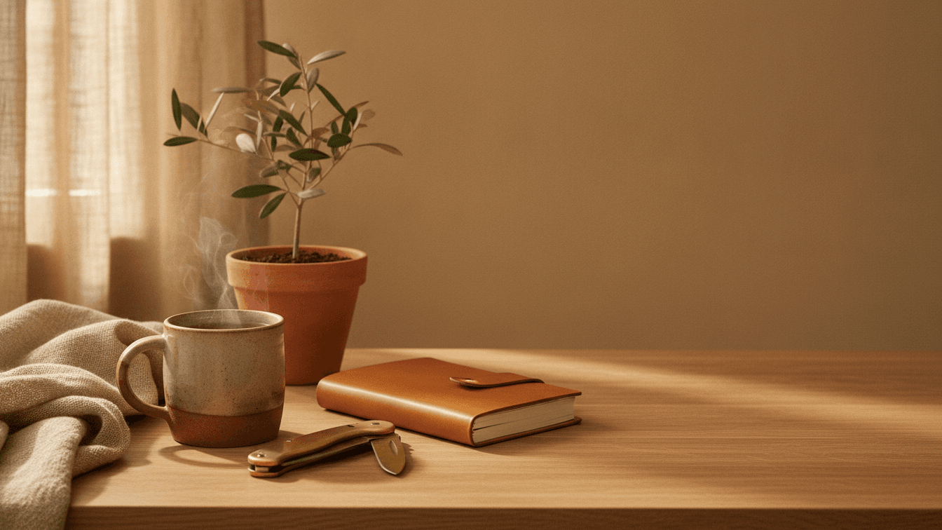 A sunlit still life on natural oak — a handmade stoneware mug of tea, a folded linen throw, a potted olive plant and a leather journal — the calm, tactile world of Your Lifestylerz.